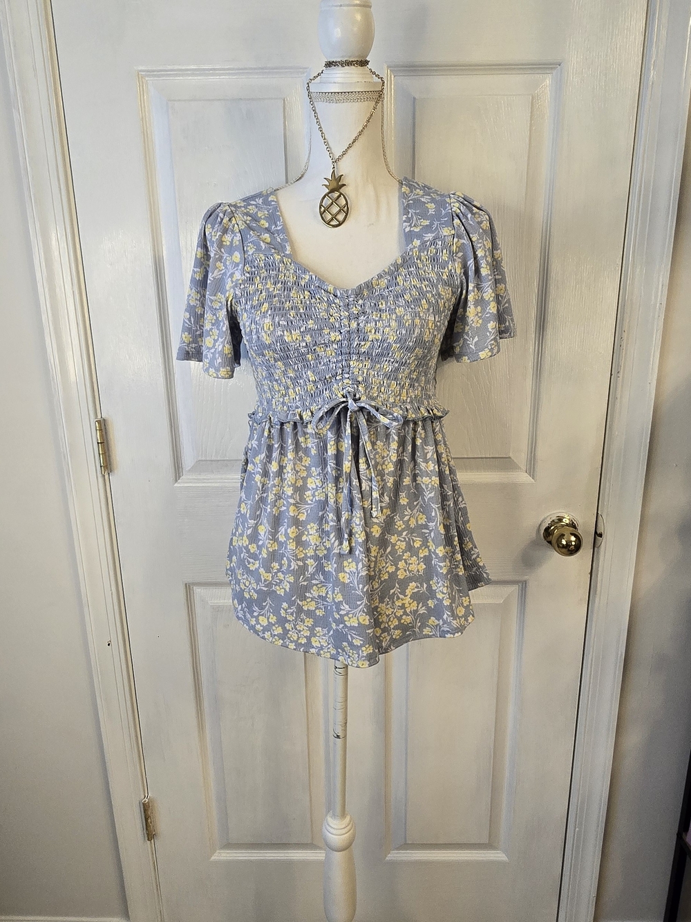 Cato Pale Blue Floral Smocked Peplum Tunic Feminine Prarie Large